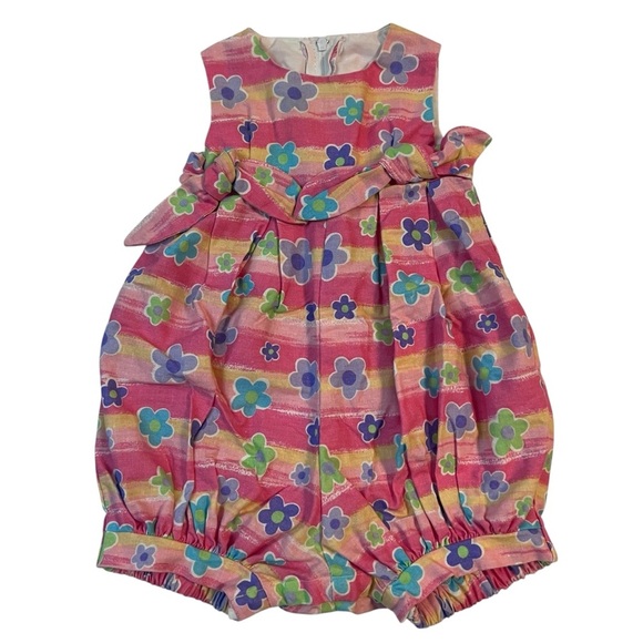 Sylvia Whyte Baby Girl Romper 6M – Rainbow Stripes & Flowers Vintage Bubble Suit - Picture 1 of 7